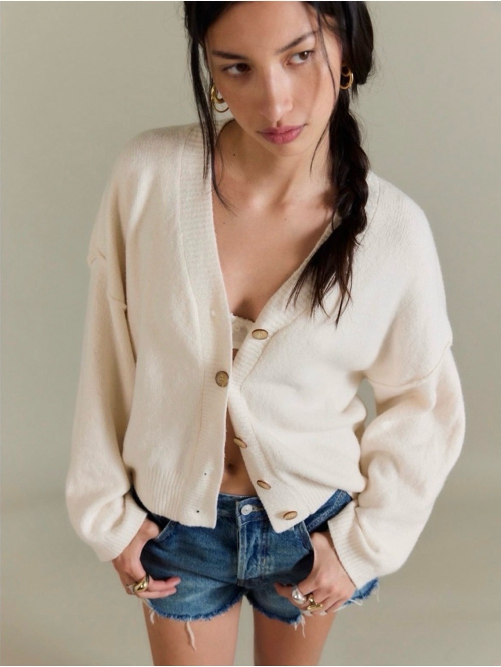 NWT! Free People Ivory Button-Front V‑Neck Cardigan